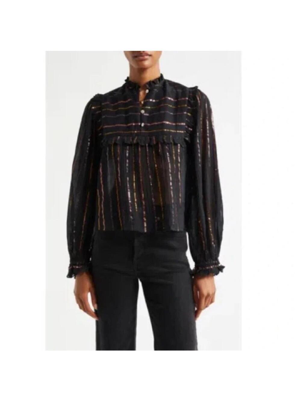 Farm Rio Top Blouse Long sleeve Stripe Ruffle Black Cotton Sz S - Picture 2 of 6